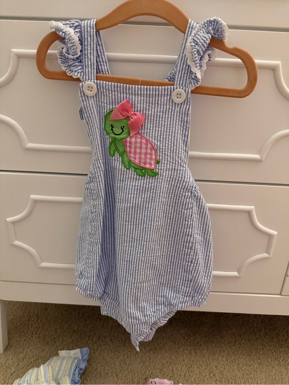 Blue Stripe Seersucker Turtle One-Piece Bodysuit with Pink Accent